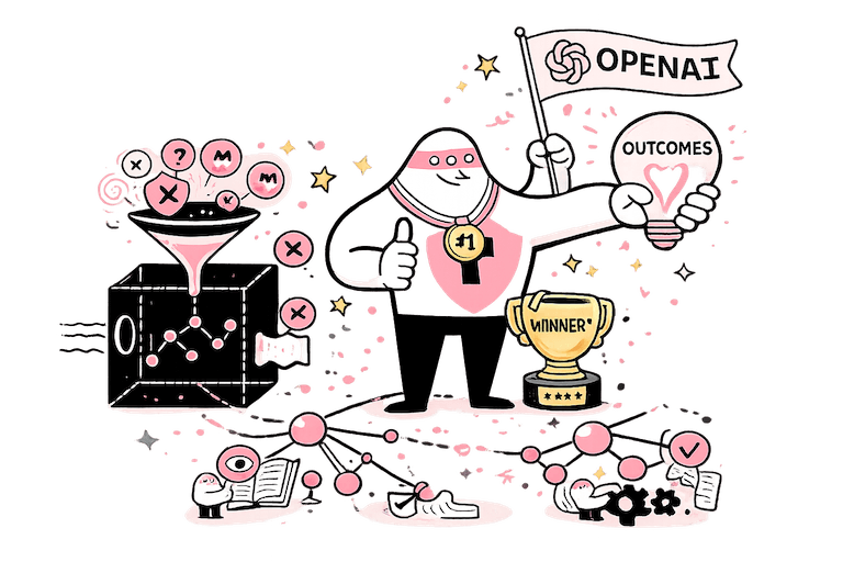 Illustration of the OpenAI Codex Hackathon winning project: a champion character holding an OpenAI flag and an Outcomes lightbulb, alongside a funnel processing ideas through a decision graph โ representing the shift from raw AI outputs to structured outcomes through evaluation infrastructure