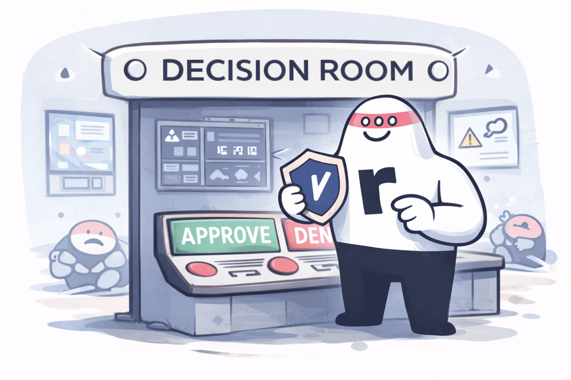 Rippletide mascot in the Decision Room with Approve and Deny buttons, holding a verification shield